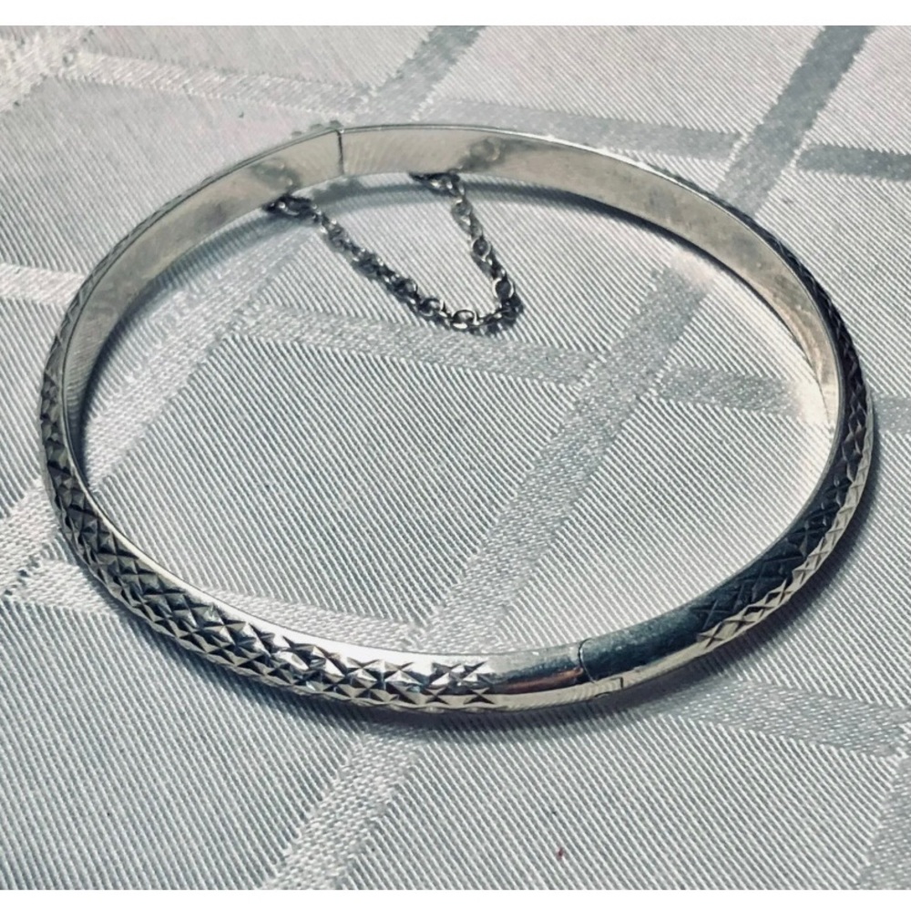 VTG Sterling 5mm Diamond-cut 7" Hinge Bangle Bracelet - 5g with Safety Chain 925 - Picture 3 of 11